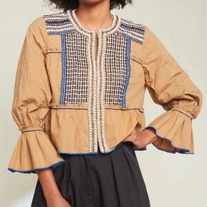 Veronica Beard Camel Tunic with Beaded, Embroidered Paneling
